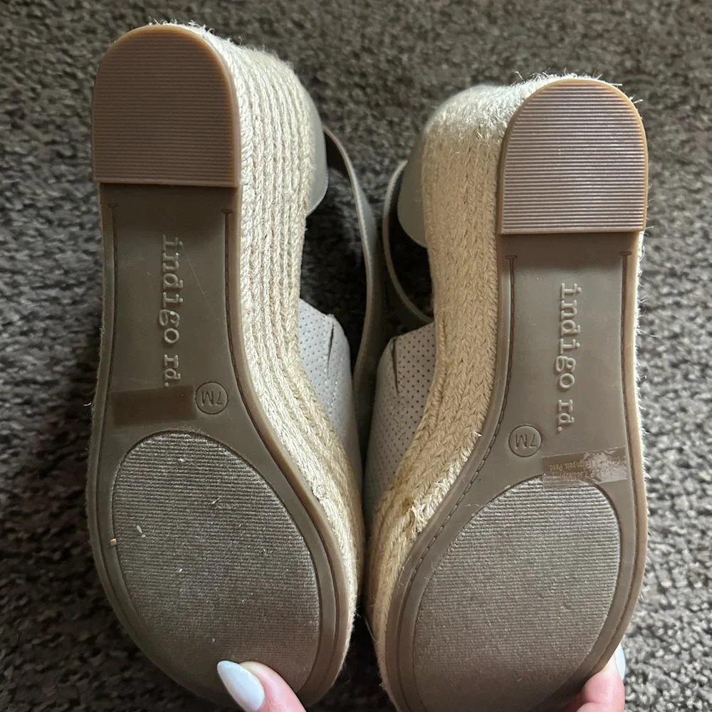 Indigo Cream Open-Peep Wedge Sandals with Ankle Strap